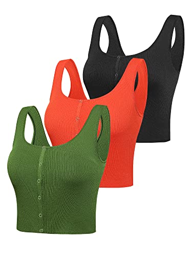 Kallspin Damen 3 Stück Set Oberteile Basic Crop Tank Tops Ärmellos mit Druckknöpfen(Schwarz, Orange, Grün,XL) von Kallspin