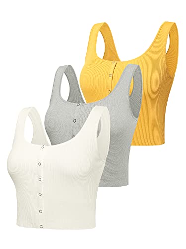 Kallspin Damen 3 Stück Set Oberteile Basic Crop Tank Tops Ärmellos mit Druckknöpfen(Grau, Weiß, Gelb,S) von Kallspin