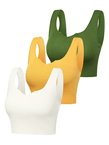 Kallspin Damen 3 Stück Set Oberteile Basic Crop Tank Tops Ärmellos(Weiß, Grün, Gelb,2XL) von Kallspin