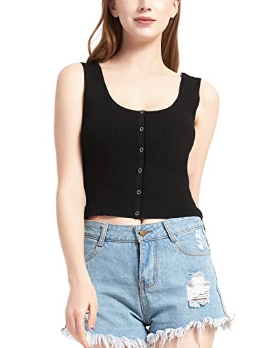 Kallspin Damen Crop Top Ärmellos Strickweste Sommer Oberteil Druckknopf (Schwarz, XS) von Kallspin