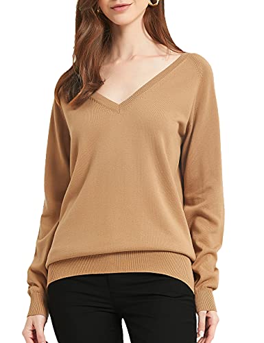 Kallspin Damen Strickpullover aus Reiner Baumwolle Langarm V-Ausschnitt (Kamel, S) von Kallspin