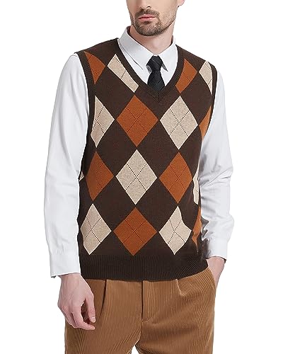 Kallspin Herren Argyle Gestrickt Ärmellos Pullover Wollmischung V-Ausschnitt Strickwesten(Braun, 3XL-Tall) von Kallspin