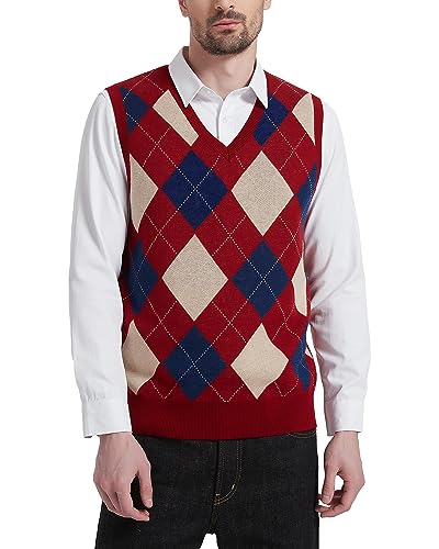 Kallspin Herren Argyle Gestrickt Ärmellos Pullover Wollmischung V-Ausschnitt Strickwesten(Burgunderrot, 3XL) von Kallspin