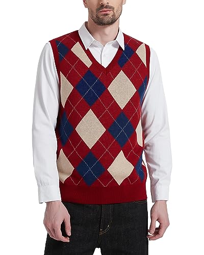 Kallspin Herren Argyle Gestrickt Ärmellos Pullover Wollmischung V-Ausschnitt Strickwesten(Burgunderrot, S) von Kallspin