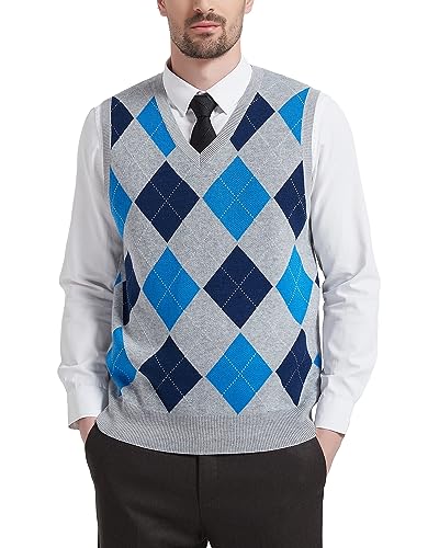 Kallspin Herren Argyle Gestrickt Ärmellos Pullover Wollmischung V-Ausschnitt Strickwesten(Hellgrau, 2XL) von Kallspin