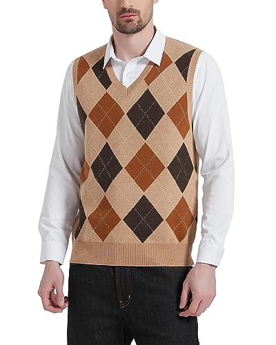 Kallspin Herren Argyle Gestrickt Ärmellos Pullover Wollmischung V-Ausschnitt Strickwesten(Khaki, 2XL) von Kallspin