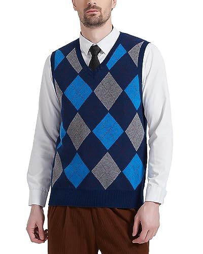 Kallspin Herren Argyle Gestrickt Ärmellos Pullover Wollmischung V-Ausschnitt Strickwesten(Marineblau, 2XL) von Kallspin