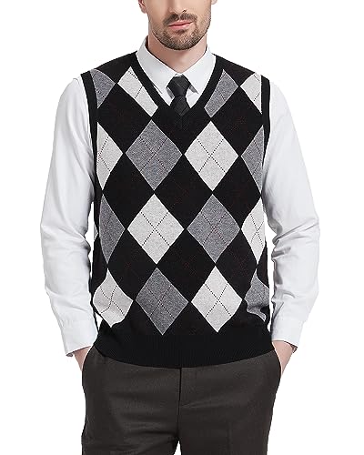 Kallspin Herren Argyle Gestrickt Ärmellos Pullover Wollmischung V-Ausschnitt Strickwesten(Schwarz, 2XL) von Kallspin