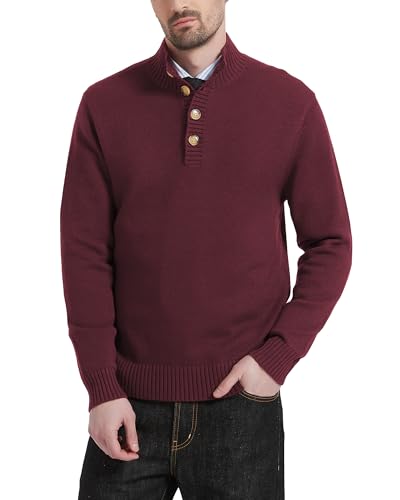 Kallspin Herren Knopf Mock Neck Wollmischung Strickpullover Midweight Long Sleeve Pullover Sweater(Burgunderrot, 3XL) von Kallspin