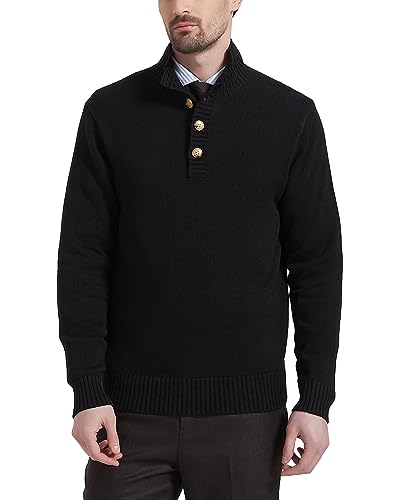 Kallspin Herren Knopf Mock Neck Wollmischung Strickpullover Midweight Long Sleeve Pullover Sweater(Schwarz, 3XL) von Kallspin
