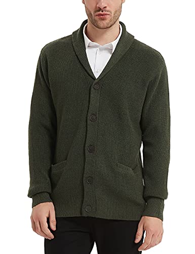 Kallspin Herren Wollschal-Kragen Strickjacke mit Knöpfen und Taschen(Armeegrün, 3XL) von Kallspin