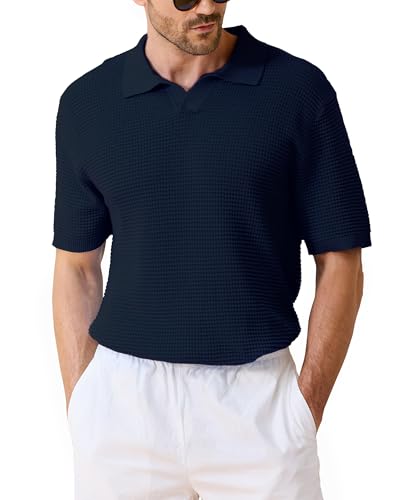 Kallspin Herren Reine Baumwolle Gestrickt Polo-Shirt Kurzarm V-Ausschnitt Johnny Kragen Waffel Texturiert Lässig Sommer Basic Top(Marineblau, 2XL) von Kallspin