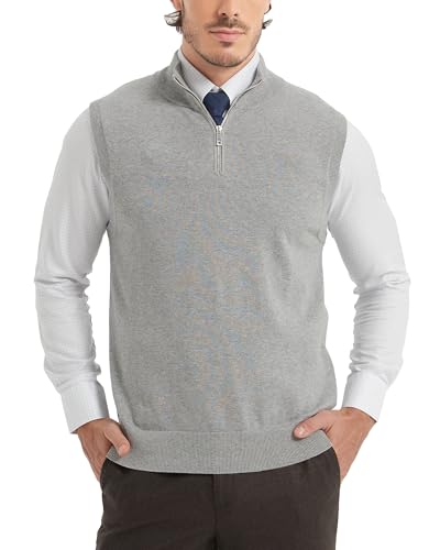 Kallspin Herren Reine Baumwolle Quartal Reißverschluss Stand Kragen Pullover Business Solid Stricken ärmellose Pullover Weste (Hellgrau, M) von Kallspin