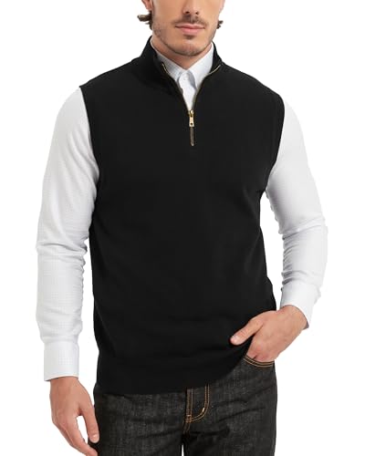 Kallspin Herren Reine Baumwolle Quartal Reißverschluss Stand Kragen Pullover Business Solid Stricken ärmellose Pullover Weste (Schwarz, XXL) von Kallspin