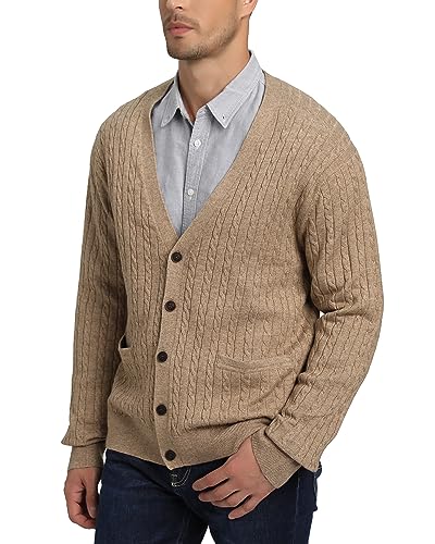 Kallspin Herren Strickjacke aus Wollmischung Zopfstrick Cardigan mit Knopfverschluss und Taschen(Kaffee, 4XL) von Kallspin