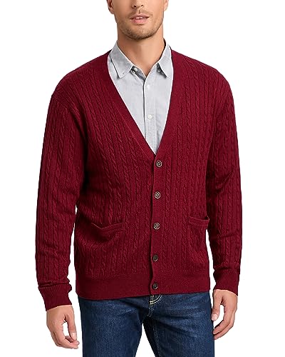 Kallspin Herren Strickjacke aus Wollmischung Zopfstrick-Cardigan mit Knopfverschluss und Taschen(Burgund, M) von Kallspin