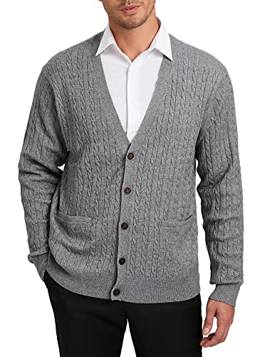 Kallspin Herren Strickjacke aus Wollmischung Zopfstrick-Cardigan mit Knopfverschluss und Taschen(Hellgrau, XL) von Kallspin