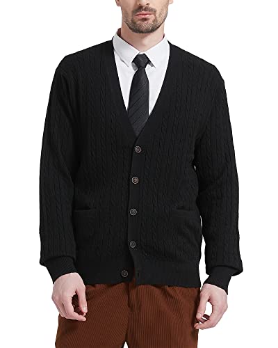 Kallspin Herren Strickjacke aus Wollmischung Zopfstrick-Cardigan mit Knopfverschluss und Taschen(Schwarz, 3XL-Tall) von Kallspin
