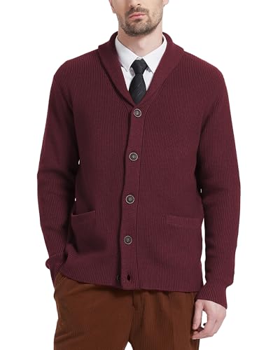 Kallspin Herren Wollschal-Kragen Strickjacke mit Knöpfen und Taschen(Burgund, M) von Kallspin