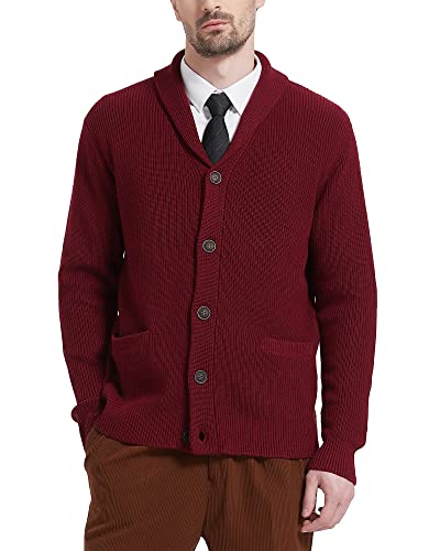 Kallspin Herren Wollschal-Kragen Strickjacke mit Knöpfen und Taschen(Burgund, XL) von Kallspin