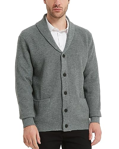 Kallspin Herren Wollschal-Kragen Strickjacke mit Knöpfen und Taschen(Hellgrau, M) von Kallspin