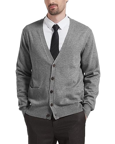 Kallspin Herren Strickjacke aus Wollmischung V-Ausschnitt Cardigan mit Knöpfen und Taschen(Hellgrau, L) von Kallspin