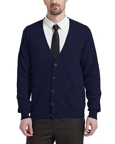 Kallspin Herren Strickjacke aus Wollmischung V-Ausschnitt Cardigan mit Knöpfen und Taschen(Marineblau, 2XL) von Kallspin