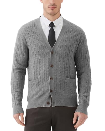 Kallspin Herren Strickjacke aus Wollmischung Zopfstrick Cardigan mit Knopfverschluss und Taschen(Hellgrau, L-Tall) von Kallspin