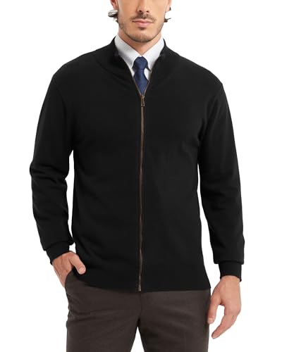 Kallspin Herren Vollzipper Baumwolle Strickjacke Pullover Langarm Stehkragen Normale Passform Strickjacken Pullover(Schwarz, 3XL) von Kallspin