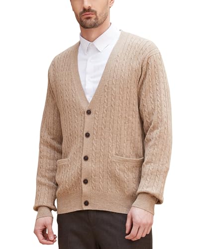 Kallspin Herren Strickjacke aus Wollmischung Zopfstrick Cardigan mit Knopfverschluss und Taschen(Kaffee, 2XL) von Kallspin