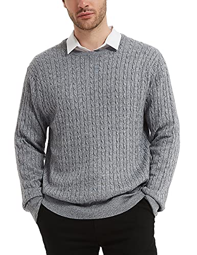Kallspin Herren Wollmischung Zopfmuster Rundhalsausschnitt Pullover Sweater(Hellgrau, XL) von Kallspin
