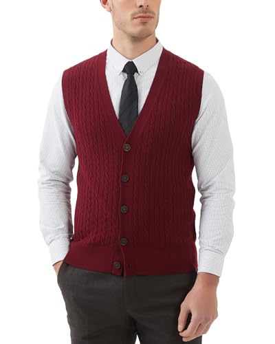 Kallspin Herren Strickweste Ärmellos Cardigan Wollmischung mit Zopfmuster und Knöpfen(Burgund, L-Tall) von Kallspin