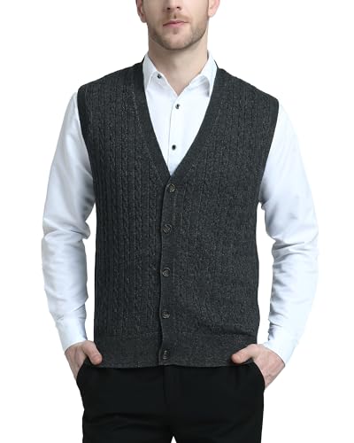 Kallspin Herren Strickweste Ärmellos Cardigan Wollmischung mit Zopfmuster und Knöpfen(Dunkelgrau, L-Tall) von Kallspin