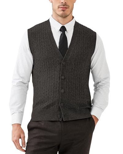 Kallspin Herren Strickweste Ärmellos Cardigan Wollmischung mit Zopfmuster und Knöpfen(Dunkelgrau, 4XL) von Kallspin