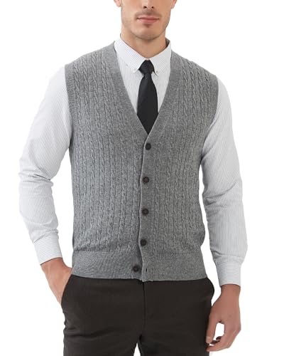 Kallspin Herren Strickweste Ärmellos Cardigan Wollmischung mit Zopfmuster und Knöpfen(Hellgrau, XL-Tall) von Kallspin