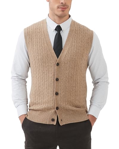 Kallspin Herren Strickweste Ärmellos Cardigan Wollmischung mit Zopfmuster und Knöpfen(Kaffee, L-Tall) von Kallspin