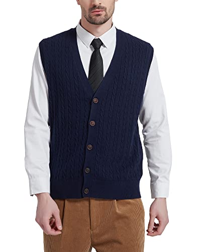 Kallspin Herren Strickweste Ärmellos Cardigan Wollmischung mit Zopfmuster und Knöpfen(Marineblau, 2XL-Tall) von Kallspin