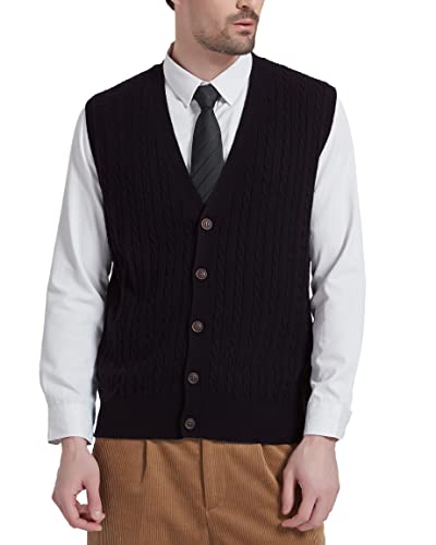 Kallspin Herren Strickweste Ärmellos Cardigan Wollmischung mit Zopfmuster und Knöpfen(Schwarz, L) von Kallspin