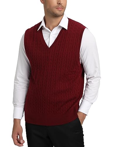 Kallspin Herren Strickweste Pulunder Ärmellos Zopfstrick V-Ausschnitt aus Wollmischung(Burgund, 2XL-Tall) von Kallspin