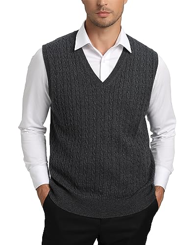 Kallspin Herren Strickweste Pulunder Ärmellos Zopfstrick V-Ausschnitt aus Wollmischung(Dunkelgrau, 2XL-Tall) von Kallspin