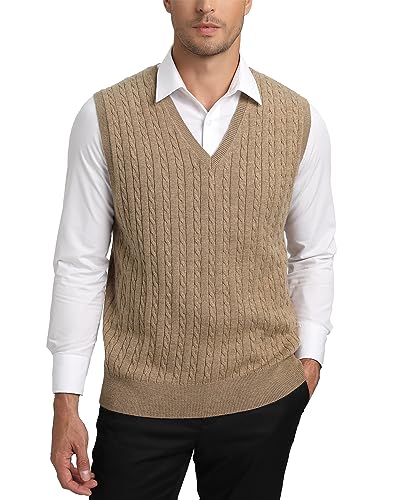 Kallspin Herren Strickweste Pulunder Ärmellos Zopfstrick V-Ausschnitt aus Wollmischung(Kaffee, 2XL) von Kallspin