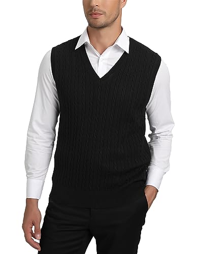 Kallspin Herren Strickweste Pulunder Ärmellos Zopfstrick V-Ausschnitt aus Wollmischung(Schwarz, XL) von Kallspin