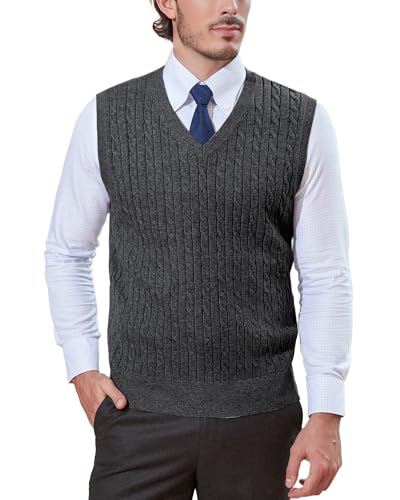 Kallspin Herren Strickweste Pulunder Ärmellos Zopfstrick V-Ausschnitt aus Wollmischung(Dunkelgrau, 2XL) von Kallspin