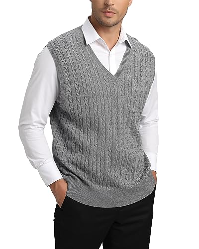 Kallspin Herren Strickweste Pulunder Ärmellos Zopfstrick V-Ausschnitt aus Wollmischung(Hellgrau, XL-Tall) von Kallspin