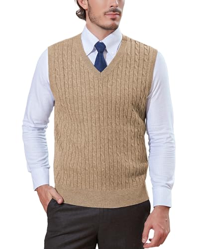Kallspin Herren Strickweste Pulunder Ärmellos Zopfstrick V-Ausschnitt aus Wollmischung(Kaffee, 3XL-Tall) von Kallspin