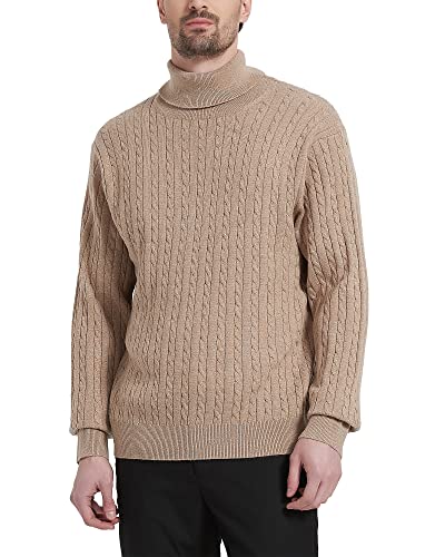 Kallspin Herren Turtleneck Wollmischung Rollkragen Pullover Relaxed Fit Langarm Zopfstrick Jumper (Khaki, 2XL) von Kallspin