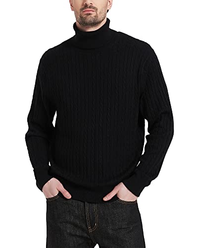 Kallspin Herren Turtleneck Wollmischung Rollkragen Pullover Relaxed Fit Langarm Zopfstrick Jumper (Schwarz, 2XL) von Kallspin