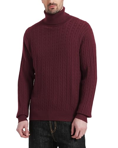 Kallspin Herren Turtleneck Wollmischung Rollkragen Pullover Relaxed Fit Langarm Zopfstrick Jumper (Burgund, L-Tall) von Kallspin