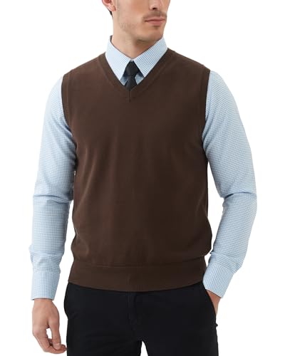 Kallspin Herren V-Ausschnitt Gestrickt Ärmellos Weste 100% Baumwolle Pullunder Relaxed Fit Pullover (Braun, M) von Kallspin