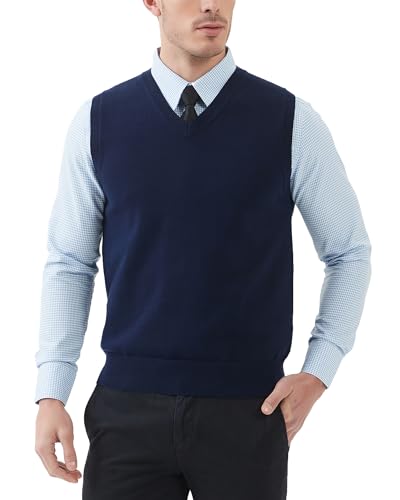 Kallspin Herren V-Ausschnitt Gestrickt Ärmellos Weste 100% Baumwolle Pullunder Relaxed Fit Pullover (Marineblau, L) von Kallspin